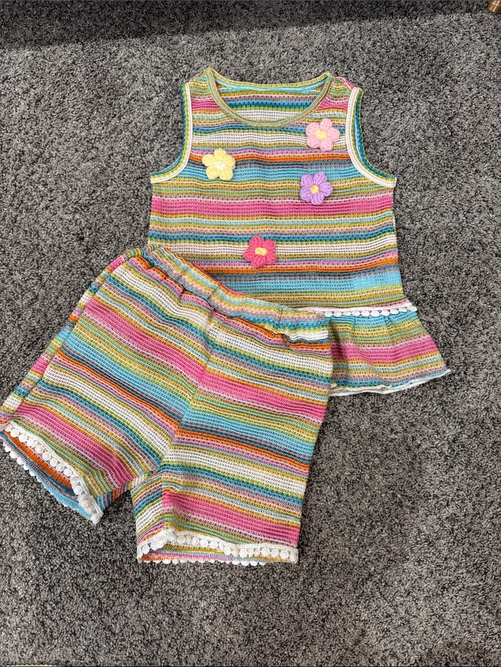 Crocheted Rainbow Stripe Tank & Shorts Set with Flower Appliqués